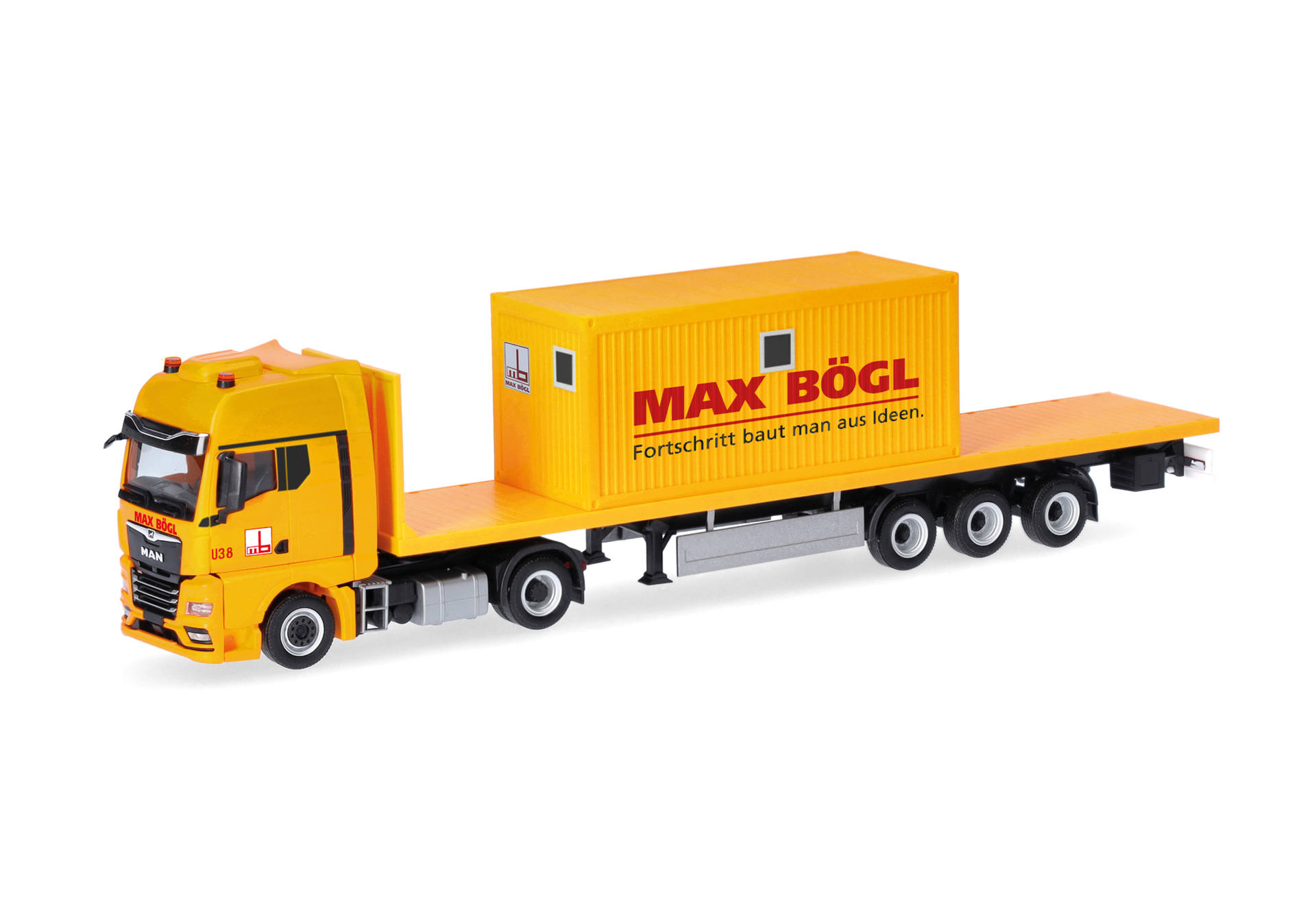 MAN TGX GX flat bed semitrailer truck with office container "Max Bögl" (Bavaria/Sengenthal)