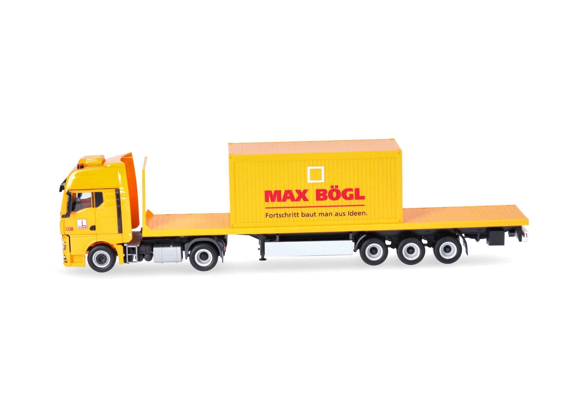 MAN TGX GX flat bed semitrailer truck with office container "Max Bögl" (Bavaria/Sengenthal)