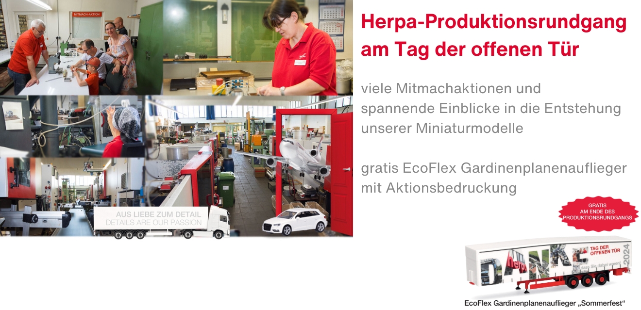 Herpa Tag der offenen Tuer 2024: Produktionsrundgang bei Herpa mit Verweis auf gratis EcoFlex Gardinenplanenauflieger