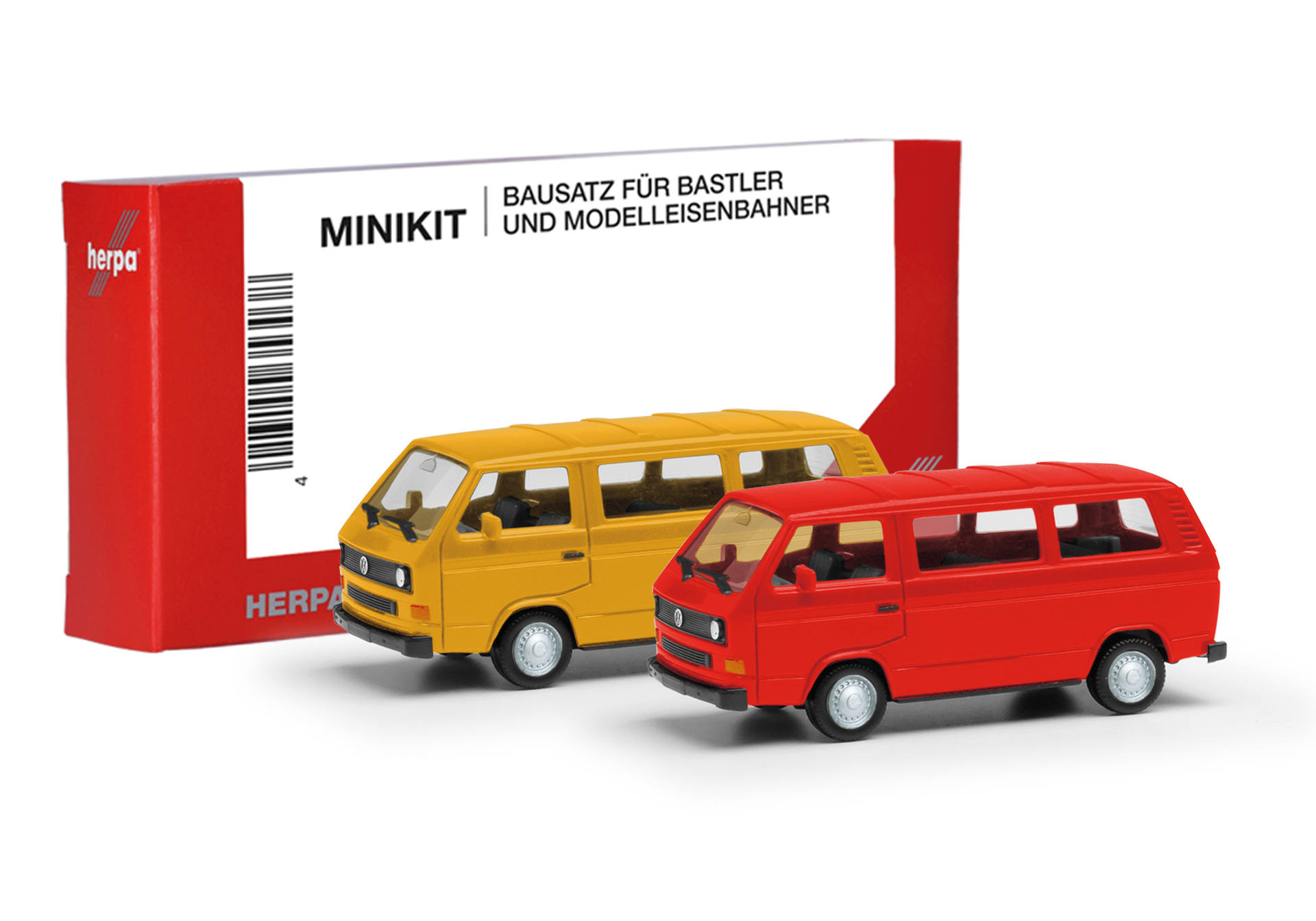 Herpa MiniKit: Volkswagen (VW) T3 bus, broom yellow and fire red, 2pieces