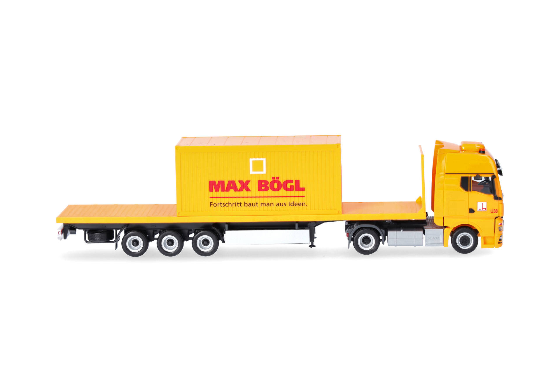 MAN TGX GX flat bed semitrailer truck with office container "Max Bögl" (Bavaria/Sengenthal)