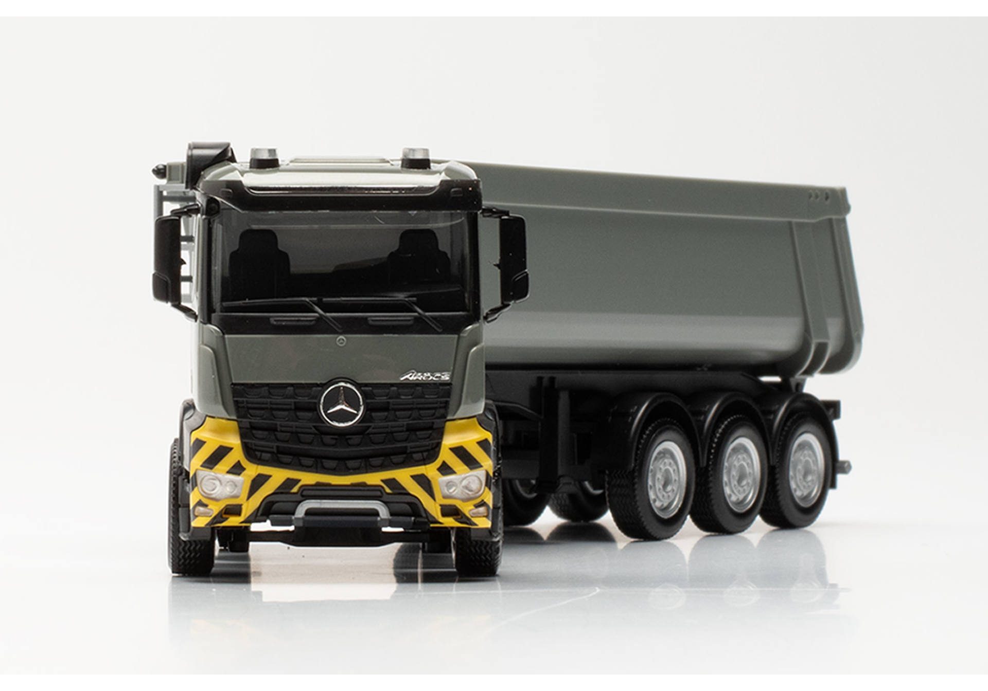 Mercedes-Benz Arocs M Schmitz Cargobull dump semitrailer truck, grey /  yellow